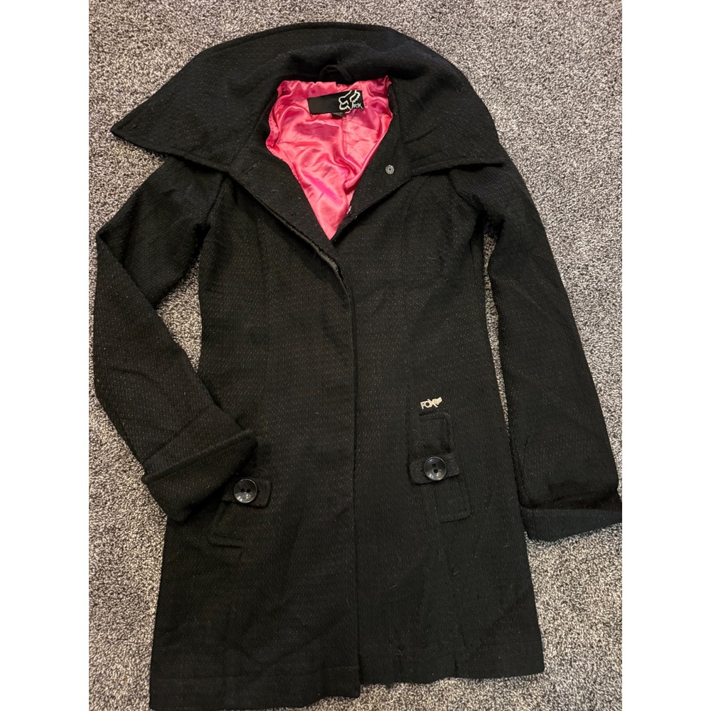 Fox Racing Womens Black Textured Peacoat Jacket Pink Lining Oversized Collar S